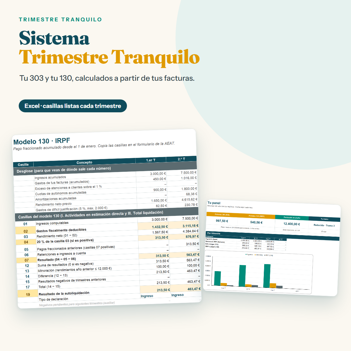 Sistema Trimestre Tranquilo: pestaña del modelo 130 y panel con lo que pagarás en el próximo plazo