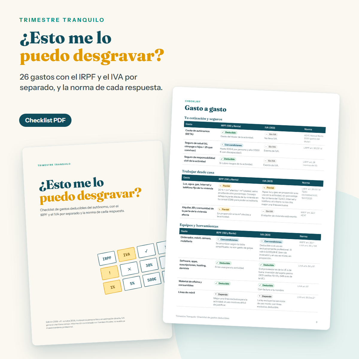 Checklist de gastos deducibles: 26 gastos con su respuesta en IRPF y en IVA